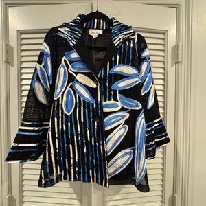 Joseph Ribkoff Black Jacket with Blue and White Striped & Floral Accents